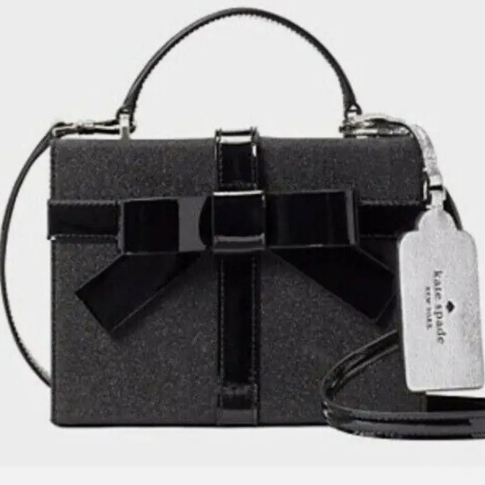 BNWT Kate Spade Wrapping Party Black Ribbon Bow Black Glitter Gift Box Crossbody